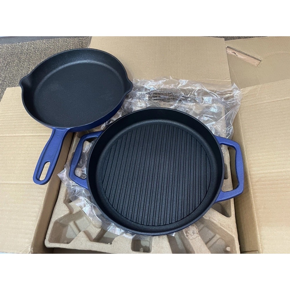 Cooks Essentials Set: Cast Iron 10" Skillet &  12" Grill  - Non Stick- Brand New